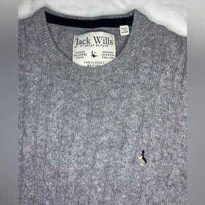 JACK WILLS Grey Round Neck 100% Merino Wool Cable Knit Logo